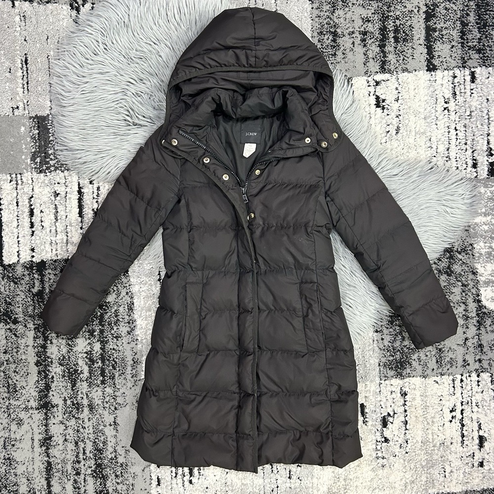 J.Crew Women's Petite XXS Down Puffer Coat Black Hooded Jacket Long Length